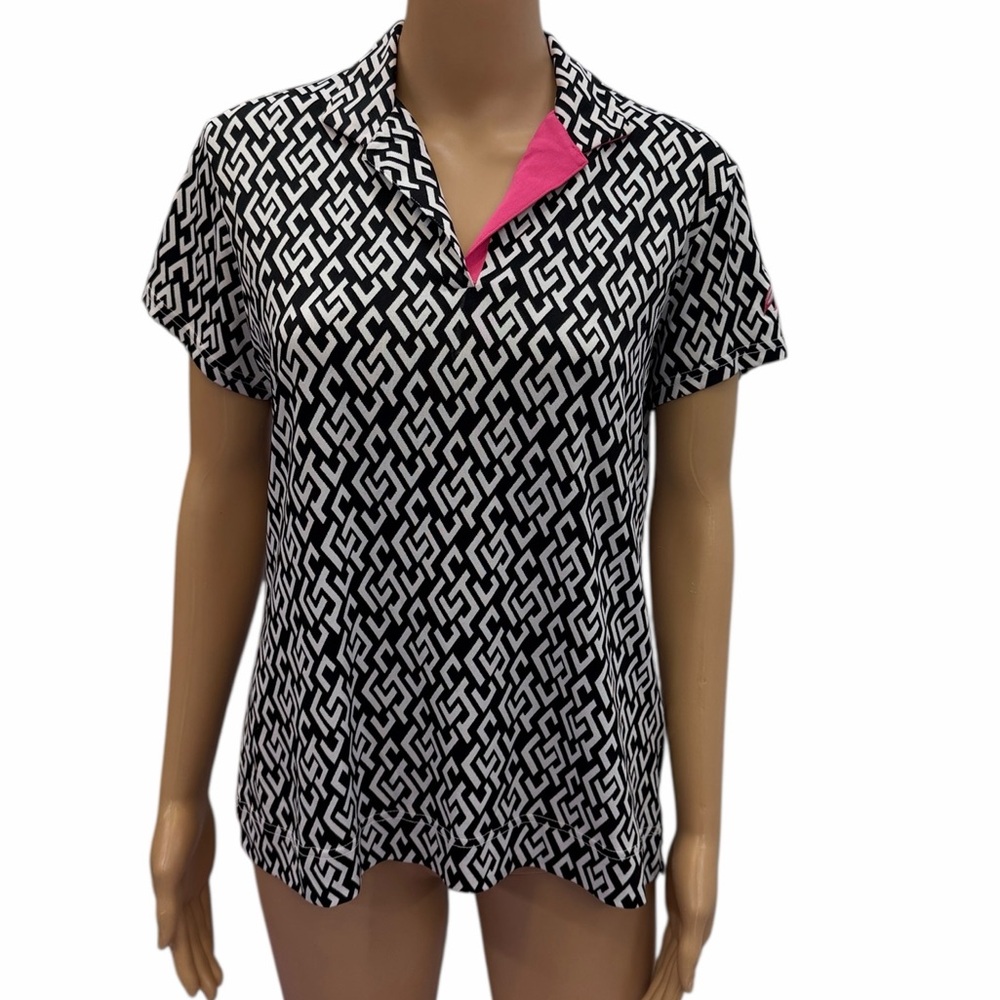 Sport Haley Geometric Print Golf Polo Shirt Black White Pink Womens Medium